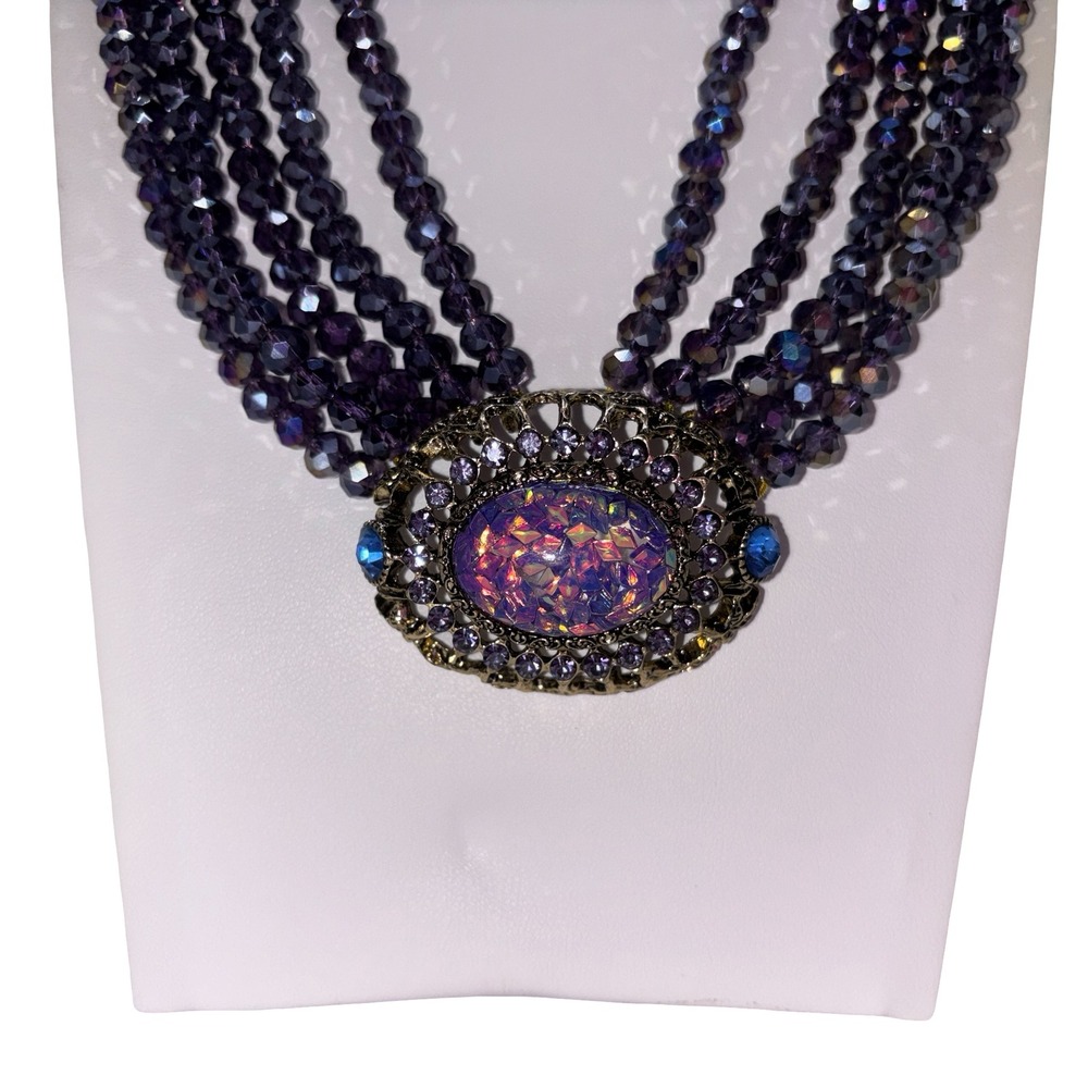 Heidi Daus Purple Crystal Beaded Multi Strand Necklace Faux Opal Pendant